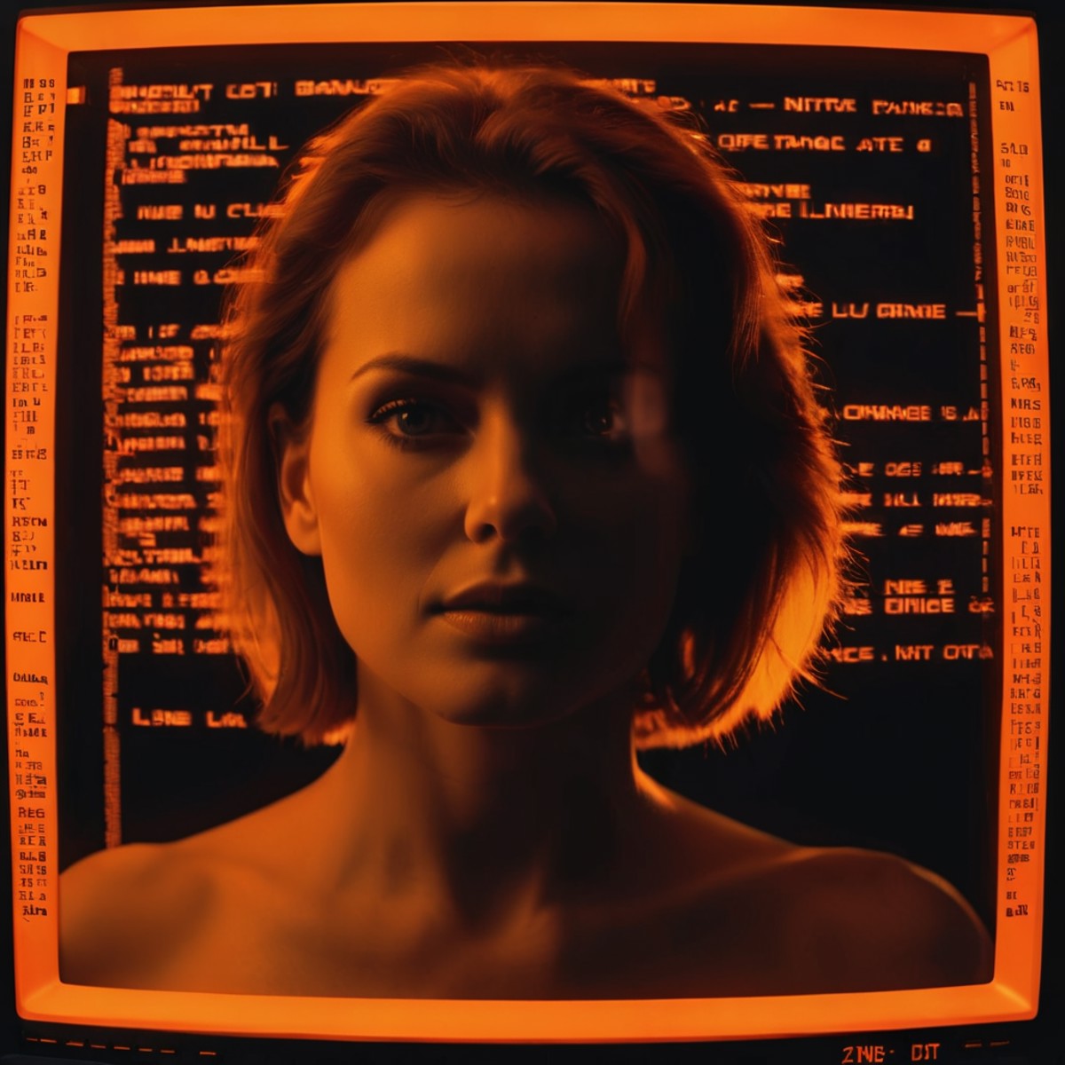 <lora:Retro-UI-XL-000009:1>, photo of beautiful woman made out of (Retro-UI computer screen with orange on black text), ci...